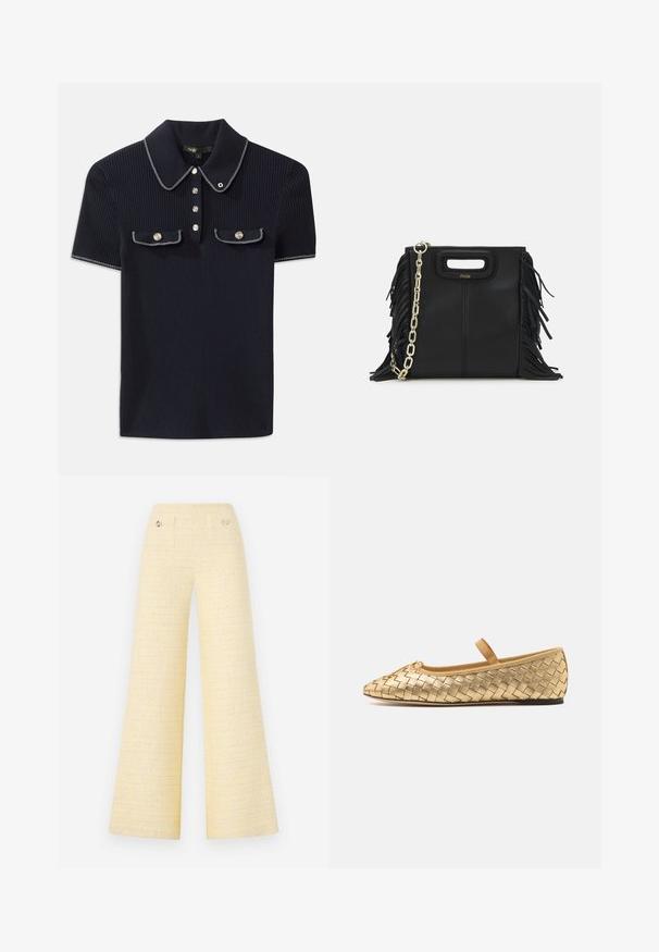 Sötétkék bordázott póló, hegyes gallérral, rövid ujjakkal és két elülső zsebbel, amelyek patentgombokkal záródnak; fehér varrási díszítésekkel kiemelve.; Textúrált sárga anyagból készült, bővérű nadrág. Két elülső zsebbel és fémből készült gombdíszítéssel rendelkezik. Tiszta, minimalista dizájn.; Loeffler Randall LEONIE SOFT BALLET FLAT - Bokapántos balerina cipők - gold; Fekete bőr kézitáska, frufrus részletekkel, arany láncos vállpánttal és kivágott fogantyúval. Az elülső részen logó található.