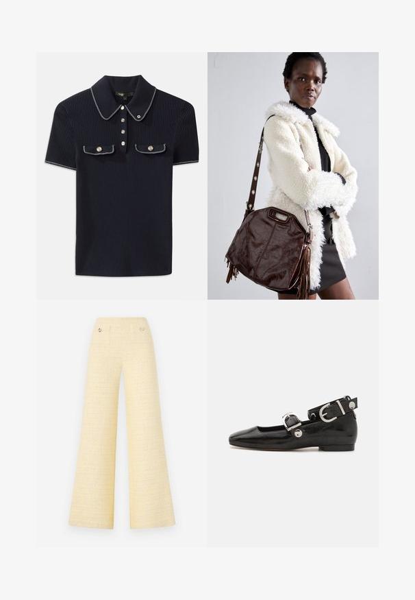 Polo a coste blu navy con colletto a punta, maniche corte e due tasche frontali con bottoni a scatto; messo in risalto da dettagli in cucitura bianca.; Pantaloni a gamba larga in tessuto giallo testurizzato. Presentano due tasche frontali e dettagli in bottone metallico. Design pulito e minimalista.; Scarpa flat in vernice nera con punta quadrata, cinturino alla caviglia con hardware in argento e suola piatta. Texture liscia con design minimalista.; Borsa a mano in pelle marrone con finitura texturizzata, bordi plissettati e frange laterali; dotata di una tracolla staccabile con accenti metallici.