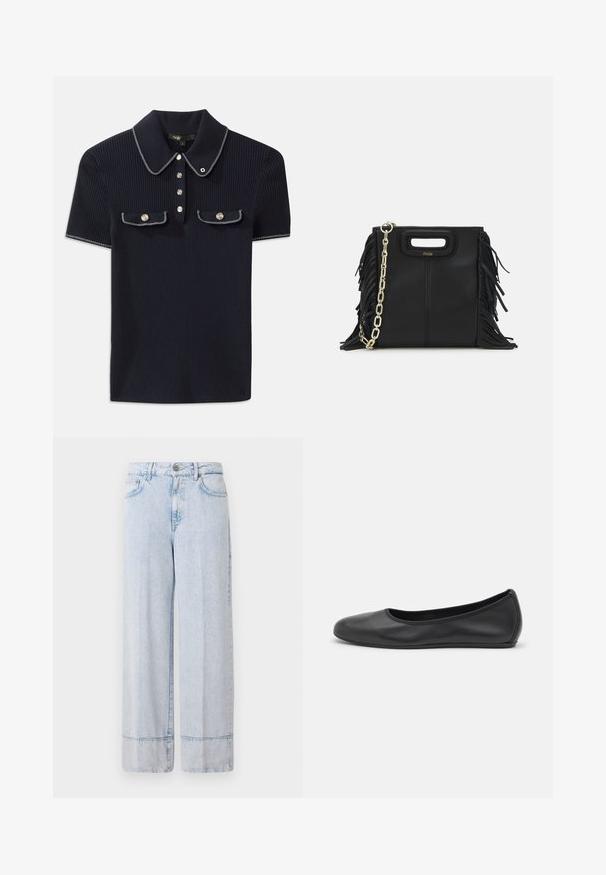 Tumes ribade polo-särk, millel on terav krae, lühikesed varrukad ja kaks esist taskut klõpsnuppudega; kaunistatud valgete õmbluse aktsentidega.; Heledad sinine teksariie laia säärega püksid, millel on kõrge vöökoht. Omab nööbi- ja tõmbluku sulgemist, esimesi taskuid ja toorikuäärist.; Musthave mustika tantsutossud mustast nahast, ümmarguse varbaga, siledast tekstuurist, minimaalse õmblusdetailiga ja paindliku tallakujundusega.; Musta nahk käekott, millel on frantsiisid, kuldne ahelsanga ja lõigatud käepide. Esiosas on logot.