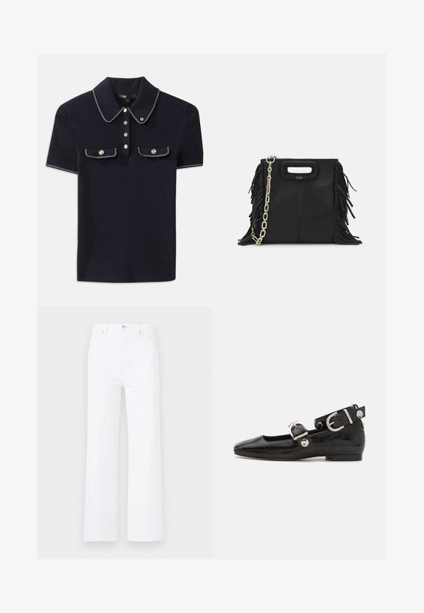Mornarska polo majica z ribanim vzorcem, ki ima ostro ovratnik, kratke rokave in dve sprednji žepni z gumbom na pritisk; poudarjena z belimi šivnimi detajli.; Bele kavbojke iz denima z visokim pasom in širokimi nogavicami. Imajo sprednje žepke, zaklep z gumbom in diskretne podrobnosti šivanja.; Črne lakaste balerinke s kvadratnim prstom, trakovi okrog gležnja z zlatimi dodatki in ravnim podplatom. Gladka tekstura z minimalističnim dizajnom.; Črna usnjena ročna torba z detajli fringa, zlatim verigo za rame in izrezanim ročajem. Na sprednji strani je nameščen logotip.