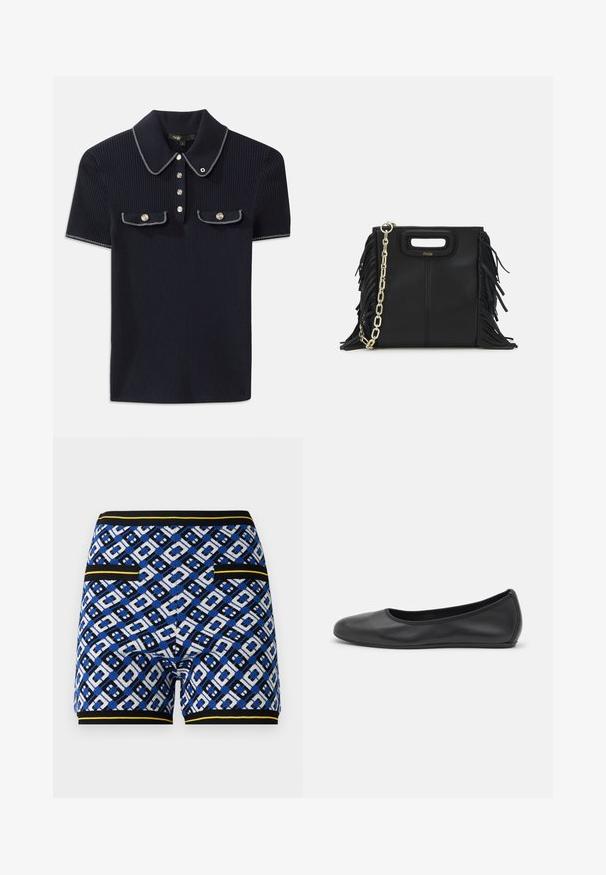 Námořnicky modrý žebrovaný polo tričko s špičatým límcem, krátkými rukávy a dvěma předními kapsami se zacvakávacími knoflíky; zvýrazněné bílými švy.; Pletené šortky s vzorem v modré, černé a bílé barvě, s kontrastními žlutými akcenty a kapsami po stranách.; Černé kožené baletní byty s kulatou špičkou, hladkou texturou, minimálními švy a flexibilním designem podrážky.; Černá kožená kabelka s třásněmi, zlatým řetízkovým ramenním popruhem a rukojetí s výřezem. Na přední straně se nachází logo.