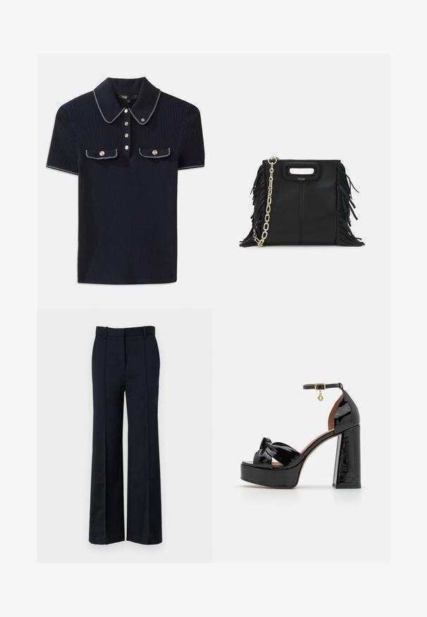 Námořnicky modrý žebrovaný polo tričko s špičatým límcem, krátkými rukávy a dvěma předními kapsami se zacvakávacími knoflíky; zvýrazněné bílými švy.; Černé široké kalhoty s elegantním střihem, hladkým materiálem, bočními kapsami a plochým předním dílem s poutky na pásek.; Maje Sandály na vysokém podpatku - noir; Černá kožená kabelka s třásněmi, zlatým řetízkovým ramenním popruhem a rukojetí s výřezem. Na přední straně se nachází logo.