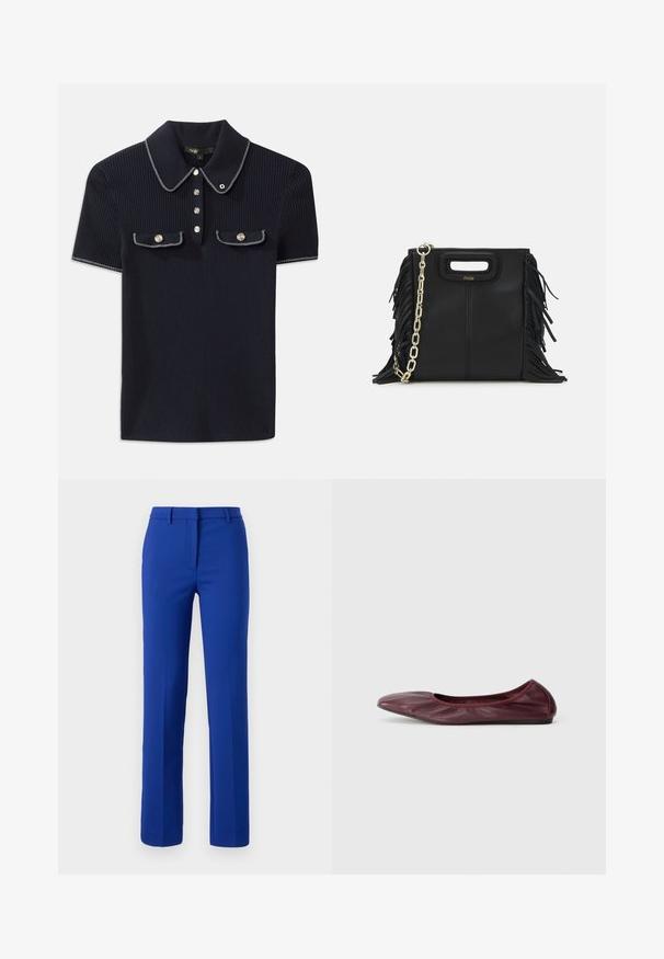 Jūros mėlynos spalvos šonkaityta polo marškinėliai su smailiu apykakle, trumpomis rankovėmis ir dviem priekinėmis kišenėmis su šonu užsegamais mygtukais; išryškinti baltais siūlų akcentais.; Mėlynos pritaikytos kelnės su tiesiomis kojomis, švaria tekstūra, diržo kilpomis ir priekinėmis raukšlėmis, tinkamos formalios ar elegantiškos kasdienės aprangos.; Balerinai tamsiai burgundiško odos, su apvaliomis nosimis, elastingu kraštu ir lygiu paviršiumi, puošti subtiliais raukšlėmis.; Juodas odinis rankų darbo rankinys su frinzuotomis detalėmis, auksine grandinės petneša ir išpjauto dizaino rankena. Pirmoje pusėje yra logotipo vieta.