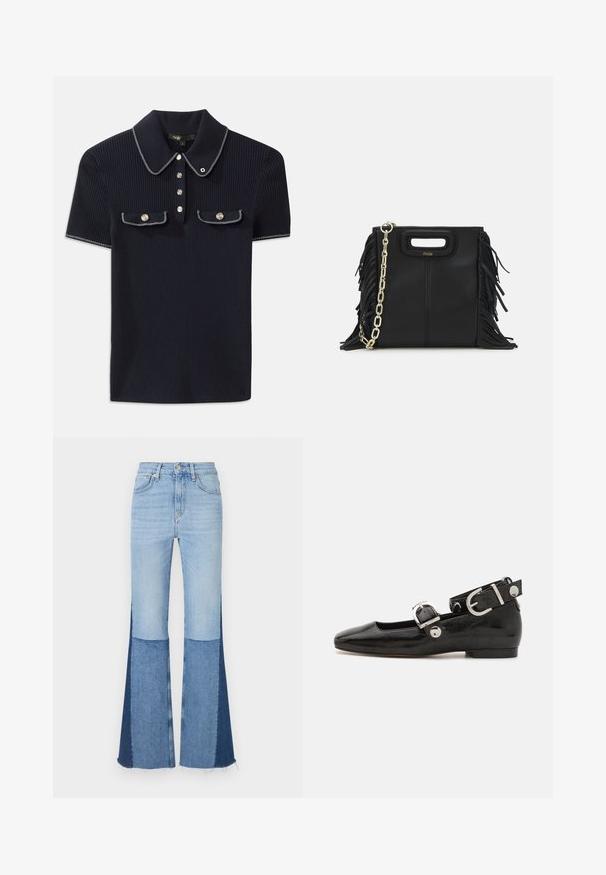Marineblå ribbestrikket polo skjorte med spiss krage, korte ermer og to frontlommer med trykknapper; fremhevet med hvite søm detaljer.; Jeans med utsving som har lyse og mørke blå lappe-segmenter, høy livlinje og frynsete nederkant for ekstra tekstur og detaljer.; Sorte lakkderflat sko med firkantet tå, ankelstropp med sølvfarge detaljer, og flat såle. Glatt tekstur med minimalistisk design.; Svart læderhåndtaske med frynsedetaljer, guldkæde skulderrem og udskåret håndtag. Har logo placeret på forsiden.