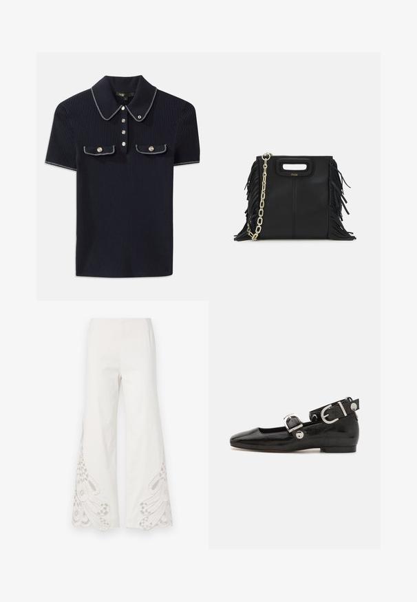 Polo shirt côtelé bleu marine avec un col pointu, des manches courtes et deux poches avant avec des boutons-pression ; souligné par des accents de couture blanche.; Pantalons larges en tissu blanc présentant des motifs de broderie beige complexes et des ourlets festonnés au bas des jambes.; Ballerine en cuir verni noir avec un bout carré, sangle de cheville avec des détails en métal argenté et semelle plate. Texture lisse avec un design minimaliste.; Sac à main en cuir noir avec des détails en franges, chaîne dorée pour l'épaule et une poignée découpée. Présente le logo sur le devant.