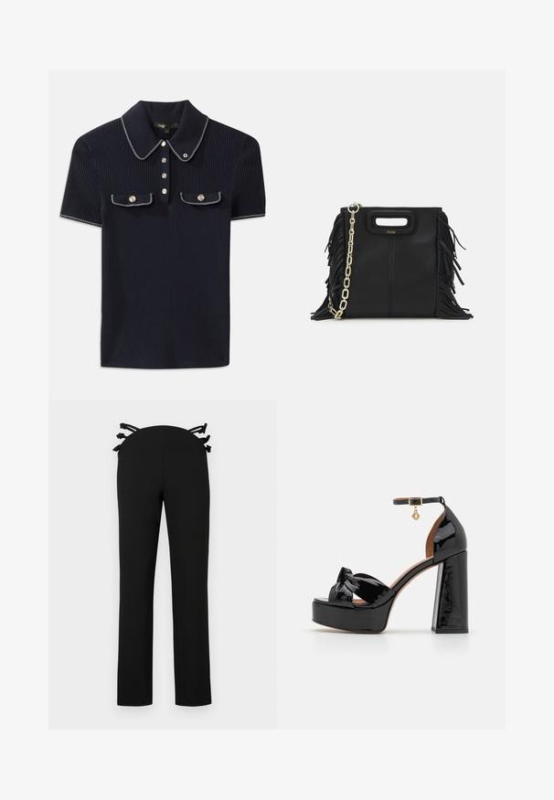 Granatowa polo z prążkowanej tkaniny, z kołnierzykiem w kształcie klapy, krótkimi rękawami i dwoma przednimi kieszeniami zapinanymi na napy; wyróżniająca się białymi przeszyciami.; Czarne spodnie o prostym kroju, z paskiem wstęgowym z czarnymi akcentami z tyłu. Gładki materiał bez widocznych wzorów.; Maje - Sandały na obcasie; Czarna skórzana torebka na ramię z frędzlami, złotym łańcuszkiem oraz wyciętym uchwytem. Posiada umieszczone na przodzie logo.