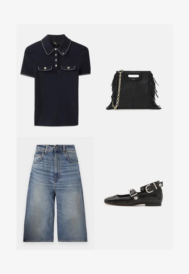 Mornarska polo majica s rebrastim uzorkom, koja sadrži uspravni ovratnik, kratke rukave i dva prednja džepa s dugmadi na pritisak; istaknuta bijelim šavovima.; Plave traperice culotte s visokim strukom, opuštenog kroja, svijetloplavog pranja, prednjim džepovima, vidljivim šavovima i kopčanjem na dugme na struku.; Crne lakirane balerinke sa četvrtastim vrhom, remenom oko zapešća sa srebrnim detaljima i ravnim đonom. Glatka tekstura s minimalističkim dizajnom.; Crna kožna torba s resicama, zlatnim lančićem za rame i rukohvatom u obliku izreza. Sadrži logo na prednjoj strani.