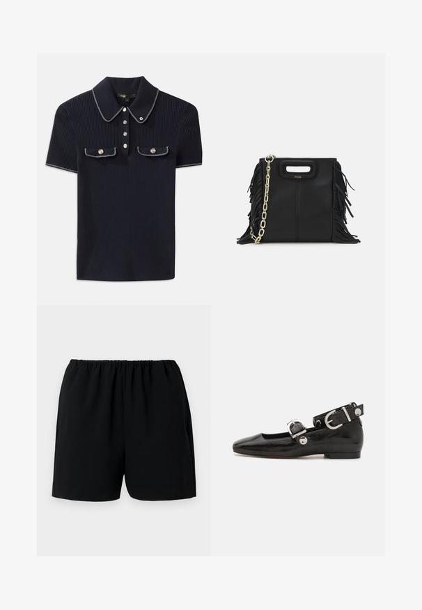 Námořnicky modrý žebrovaný polo tričko s špičatým límcem, krátkými rukávy a dvěma předními kapsami se zacvakávacími knoflíky; zvýrazněné bílými švy.; Černé šortky s elastickým pasem, vyrobené z lehkého materiálu. Mají jednoduchý design se rovnými nohavicemi a bez viditelných vzorů.; Černé lakované baleríny se čtveratou špičkou, nártní přezkou s stříbrným kováním a plochou podrážkou. Hladká textura s minimalistickým designem.; Černá kožená kabelka s třásněmi, zlatým řetízkovým ramenním popruhem a rukojetí s výřezem. Na přední straně se nachází logo.