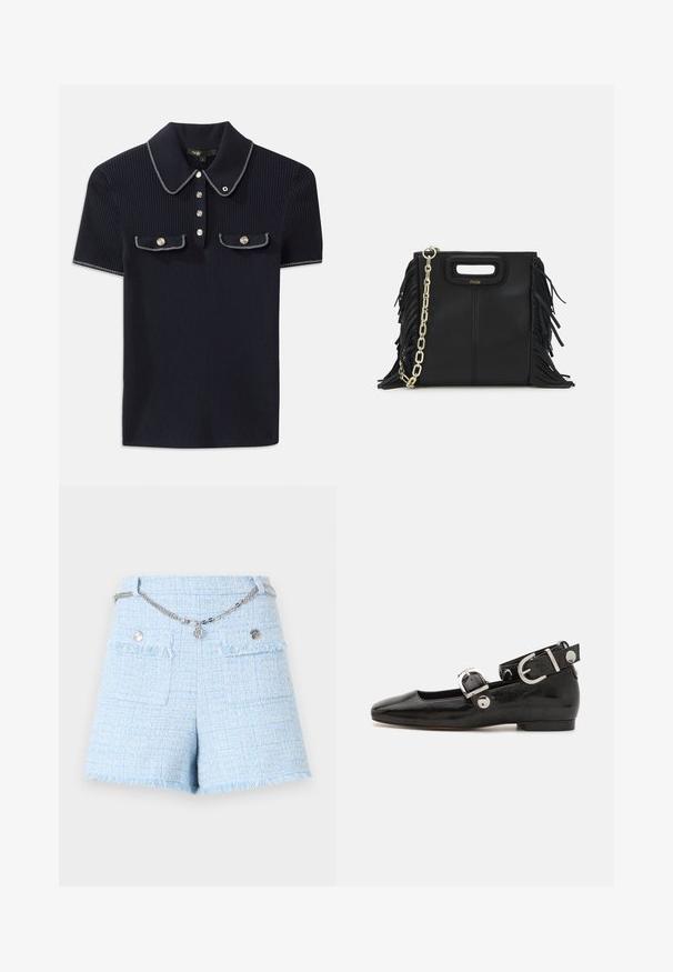 Námořnicky modrý žebrovaný polo tričko s špičatým límcem, krátkými rukávy a dvěma předními kapsami se zacvakávacími knoflíky; zvýrazněné bílými švy.; Modré tvídové šortky s třepeným lemem, které mají dvě přední kapsy a stříbrný řetízkový pásek. Texturovaná tkanina s různorodou barevnou vazbou.; Černé lakované baleríny se čtveratou špičkou, nártní přezkou s stříbrným kováním a plochou podrážkou. Hladká textura s minimalistickým designem.; Černá kožená kabelka s třásněmi, zlatým řetízkovým ramenním popruhem a rukojetí s výřezem. Na přední straně se nachází logo.