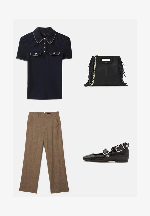 Navyblaues gestreiftes Poloshirt mit spitzem Kragen, kurzen Ärmeln und zwei vorderen Taschen mit Druckknöpfen; hervorgehoben durch weiße Steppnähte.; Braune weit geschnittene Hosen aus strukturiertem Stoff mit einem dezenten Karomuster, ausgestattet mit zwei seitlichen Taschen und einem mittelhohen Bund.; Schwarze Lackleder-Ballerina mit eckiger Zehenpartie, Knöchelriemen mit silberner Hardware und flacher Sohle. Glatte Textur mit minimalistischen Design.; Schwarze Lederhandtasche mit Fransen-Details, goldener Ketten-Schulterriemen und einem ausgeschnittenen Griff. Mit Logoplatzierung auf der Vorderseite.