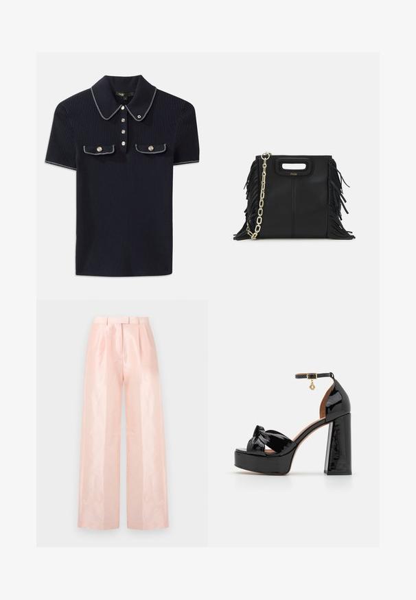 Jūros mėlynos spalvos šonkaityta polo marškinėliai su smailiu apykakle, trumpomis rankovėmis ir dviem priekinėmis kišenėmis su šonu užsegamais mygtukais; išryškinti baltais siūlų akcentais.; Šviesiai rožinės spalvos aukštu liemeniu plačios kojos kelnės, pasižyminčios sklandžiu, blizgiu paviršiumi, priekiu su klostėmis ir derančiu diržu.; Maje Aukštakulniai sandalai - noir; Juodas odinis rankų darbo rankinys su frinzuotomis detalėmis, auksine grandinės petneša ir išpjauto dizaino rankena. Pirmoje pusėje yra logotipo vieta.