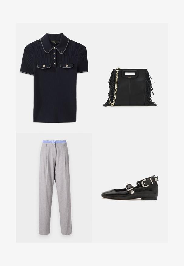 Jūras spēku ribots polo krekls ar norādītu apkakli, īsām piedurknēm un divām priekšējām kabatām ar pogām; uzsvērts ar baltām šuvēm.; Gaišpelēku lina bikses ar krokām, zilā rakstainā jostasvietā, sašaurināta kāju dizains un pogu aizdare. Gluda tekstūra, viegls audums.; Melnas laika patenta ādas dzīvokļu kurpes ar kvadrātu purngalu, potītes siksna ar sudraba furnitūru un platu zoli. Gluda tekstūra ar minimālu dizainu.; Melna ādas rokassoma ar frizūras detaļām, zelta ķēdes plecu siksnu un izgrieztu rokturi. Ir logotipa novietojums priekšpusē.