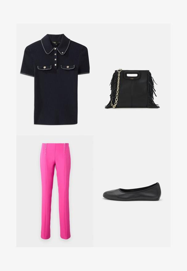 Navy ribbed polo shirt featuring a pointed collar, short sleeves, and two front pockets with snap buttons; highlighted with white stitching accents.; Pink fitted trousers with a smooth texture, featuring visible stitching accents and a straight leg cut.; Black leather ballet flat with a rounded toe, smooth texture, minimal stitching detail, and a flexible sole design.; Black leather handbag with fringe details, gold chain shoulder strap, and a cut-out handle. Features logo placement on the front.