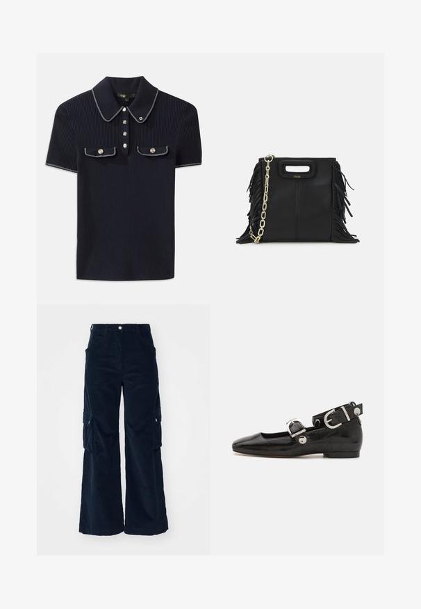 Mørkeblå ribbet polo-shirt med spidse krave, korte ærmer og to forlommer med trykknapper; fremhævet med hvide søm detaljer.; Marineblå corduroy cargo bukser med brede ben, der har sidelommer og en knaplukning. Blød tekstur og et afslappet fit design.; Sorte patenteret lædersko med firkantet tå, ankelrem med sølvhardware og flad sål. Glat tekstur med minimalistisk design.; Sort læder skuldertaske med frynse-detaljer, guldkæde skulderrem og udskåret håndtag. Har logo placeret på forsiden.