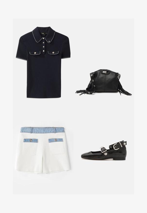 Námornícky pruhovaný polo tričko s špicatým golierom, krátkymi rukávmi a dvoma prednými vreckami so zacvakávacími gombíkmi; zvýraznené bielymi stehovými akcentmi.; Maje IRSALA - Šortky - ecru; Čierne lakované baleríny so štvorcovou špičkou, remienkom okolo členka so striebornými prvkami a plochou podrážkou. Hladký povrch s minimalistickým dizajnom.; Maje MISS MINI - Taška cez plece - noir; Zlaté náušnice s mnohými kaskádovými reťazcami, ozdobené jasnými oválnymi kryštálmi a dekoratívnymi puzdrami.