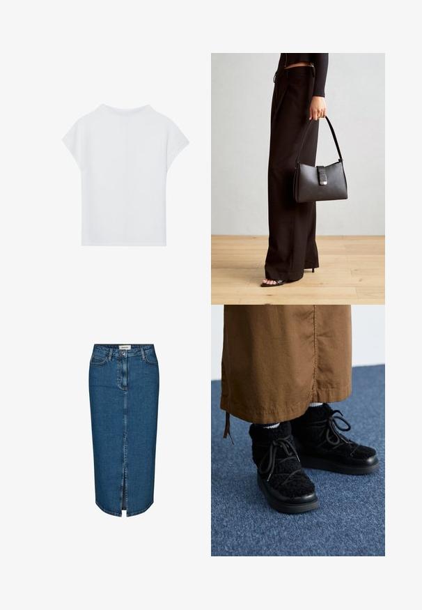 Bílý krátký rukáv top s uvolněným střihem, lehkým materiálem a kulatým výstřihem. Zadní pohled ukazuje hladký, jednoduchý design.; Džínová tužková sukně v tmavě modré barvě, s předním rozparkem, pěti kapsami a kontrastním prošíváním. Střední pas s klasickým designem.; Černé chlupaté tenisky s platformovou podešví, se šňůrkami, měkkou strukturou a zaoblenou špičkou. Spárované s hnědou látkou dole.; Černá kabelka se strukturovaným tvarem, hladkým povrchem a kovovým uzávěrem. Kombinována s širokými černými kalhotami a sandály s otevřenou špičkou na dřevěné podlaze.