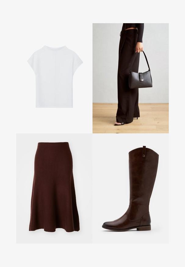 Valge lühikese varrukaga topp, mis on lõdva lõikega, kergest materjalist ja ümarate kaelustega. Tagantvaates on näha sujuv ja lihtne disain.; Pruun meriinovillane seelik, A-line kuju, sile tekstuur, põlvepikkune laieneva alläärega, minimaalsed õmblused, sobilik igapäevaseks kandmiseks.; Prunadest kõrge kontsaga saapad, mis on valmistatud siledast nahast, ümarate varvastega, madala tindikontsaga ja peene õmblusmustriga külgedel.; Must musta kott, millel on struktureeritud kuju, sile tekstuur ja metallist klamber. Kombineeritud laiate mustade pükstega ja avatud varvaste sandaalidega puidust põrandal.