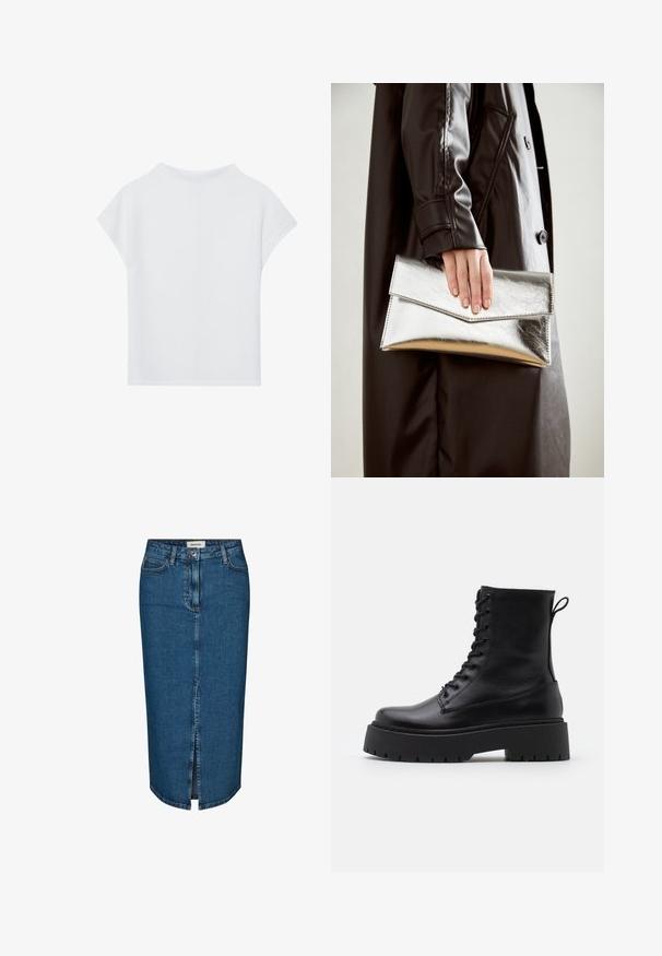 Valkoinen lyhythihainen toppi, jossa on rento leikkaus, kevyt materiaali ja pyöreä kaula-aukko. Takakuvassa näkyy sileä ja yksinkertainen muotoilu.; Tummansininen denim-mekko, jossa on edessä halkio, viisi taskua ja kontrastiväriset saumat. Keskikorkea vyötärö ja klassinen muotoilu.; Musta nahkainen nilkkureita, joissa on pyöreä kärki, nauhakiinnitys edessä ja paksu kumipohja, jossa on teksturoitu pinta. Takana vetotappi.; Hopeinen metallinen clutch-angular kirjekuorimuotoilu, sileä pinta ja kontrastivärinen sisustus, pidetään kädessä, jossa on musta takki.