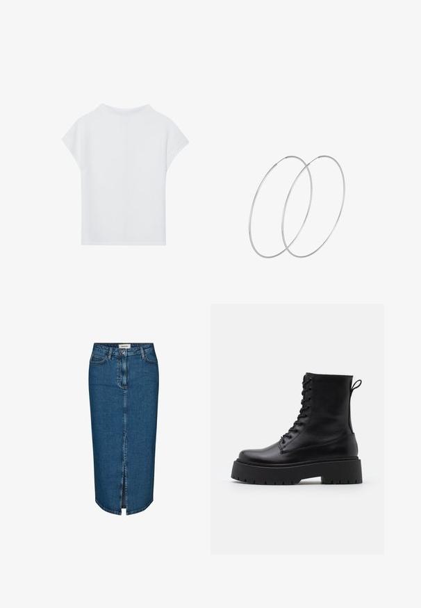 Vit kortärmad topp med avslappnad passform, lätt textur och rundad halsringning. Bakifrån syns en slät och enkel design.; Jeanskjol i mörkblått, med en framtida slits, fem fickor och kontrasterande sömmar. Medelhög midja med en klassisk design.; Svarta läderankelboots med rund tå, snörning framtill och en tjock gummisula med strukturerat mönster. Dragflik bak.; Silverfärgade hoopörhängen med en minimalistisk design. Cirkulär form, slät yta och tunn profil. Lätta med en polerad finish.