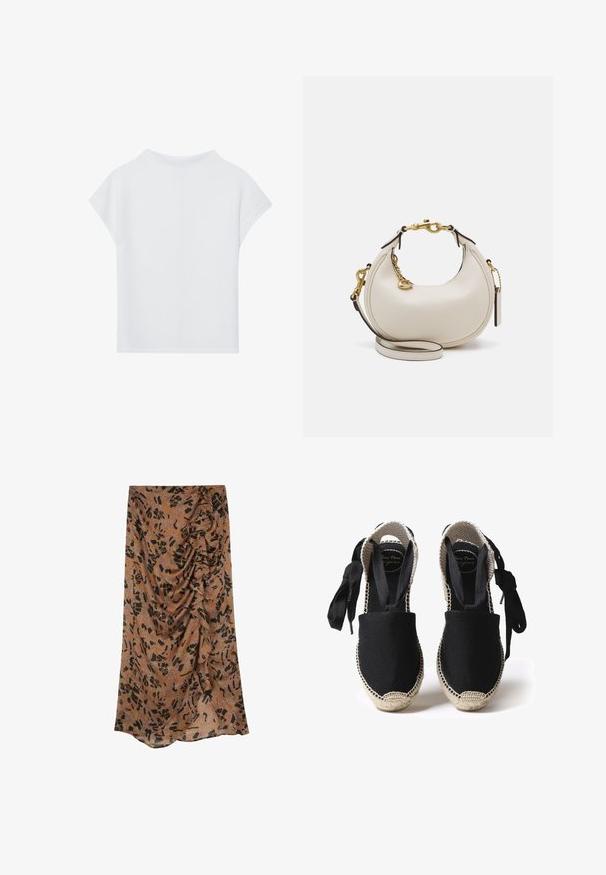 Hvid kortærmet top med en afslappet pasform, let tekstur og rund halsudskæring. Bagview viser et glat, simpelt design.; Brun mønstret nederdel med sorte abstrakte former, der har en samlet design og blød, flydende stof, der ligger løst.; Sorte canvas espadriller med en sovesål og vævede kanter. Snører lavet af det samme sorte stof for justerbar pasform. Lukket tå-design.; Creme læderhåndtaske med en halvmåneform, guldhardware, sorte accenter og en aftagelig Rem. Har en kædedetalje og mærke.