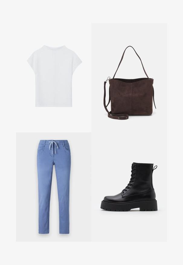 Hvit kortermet topp med avslappet passform, lett tekstur og rund halslinning. Bakfra viser den en jevn og enkel design.; Lys blå bukser med snor i livet, to frontlommer og slim fit. Tøyet har en myk tekstur med subtile sømdetaljer.; Sorte skinn ankelstøvler med rund tå, snøring foran og tykk gummisåle med teksturert mønster. Håndtak bak.; Brun semsket stoff tote-veske med en myk tekstur, som har en enkelt skulderrem og en subtil buet toppåpning. Ingen synlige maskindetaljer.