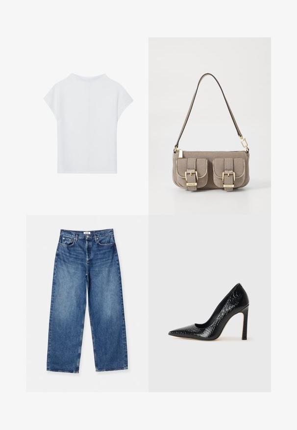Bela majica s kratkimi rokavi, ki ima sproščen kroj, lahkoten material in okrogel izrez. Zadnji pogled prikazuje gladko, preprosto zasnovo.; Svetlo modri široki hlače iz džinsa, s klasičnim dizajnom petih žepov, vidno šivanje in pasom srednje višine.; Črne čevlje z visoko peto in konico v obliki puščice, z teksturo krokodilje kože, ki se ponašajo s sleek oblikovanjem, visokim stiletto peto in gladkim črnim notranjostjo.; Bežna teksturirana torba z nastavljivim trakom, z dvema sprednjima žepoma, zaklenjenima s sponkami, ter z zlatimi kovinskimi dodatki. Zadrga na vrhu.