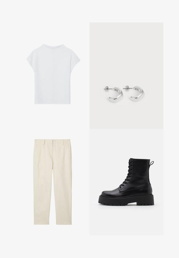 Top curto de mangas curtas, com um ajuste descontraído, textura leve e decote redondo. A vista traseira revela um design liso e simples.; Marc O'Polo MODERN STYLE TAPERED LEG HIGH RISE WELT POCKET - Chinos - chalky sand; Botas de couro pretas até ao tornozelo, com bico redondo, atacador na frente e uma sola de borracha espessa com um padrão texturizado. Alça na parte de trás.; Brincos de argola de prata com um acabamento liso e polido. Forma redonda com um design ligeiramente curvado e bordas suavizadas. Fecho de pino.