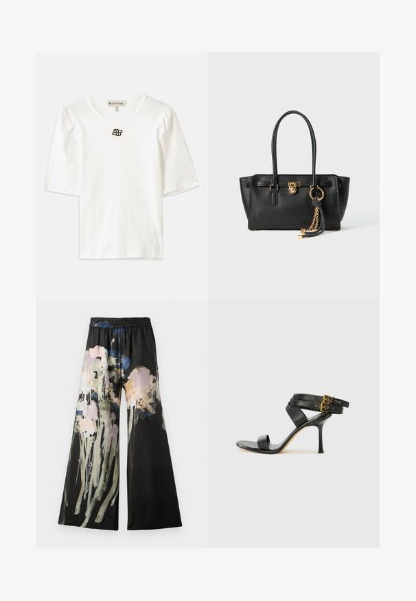 Top blanco de manga corta con relieve y escote redondeado. Presenta sutiles mangas abullonadas y un pequeño detalle de logo marrón en el centro delantero.; Pantalones de pierna ancha en tejido negro con un estampado floral en acuarela en tonos rosa, azul y verde; cinturilla elástica para mayor comodidad.; Sandalia negra de tacón con correas cruzadas y hebilla ajustable. Presenta una textura suave y un tacón de aguja afilado.; Bolso de cuero negro con doble asa, cierre dorado y detalles en cadena, y accesorio de borlas en blanco y negro, sobre fondo blanco.