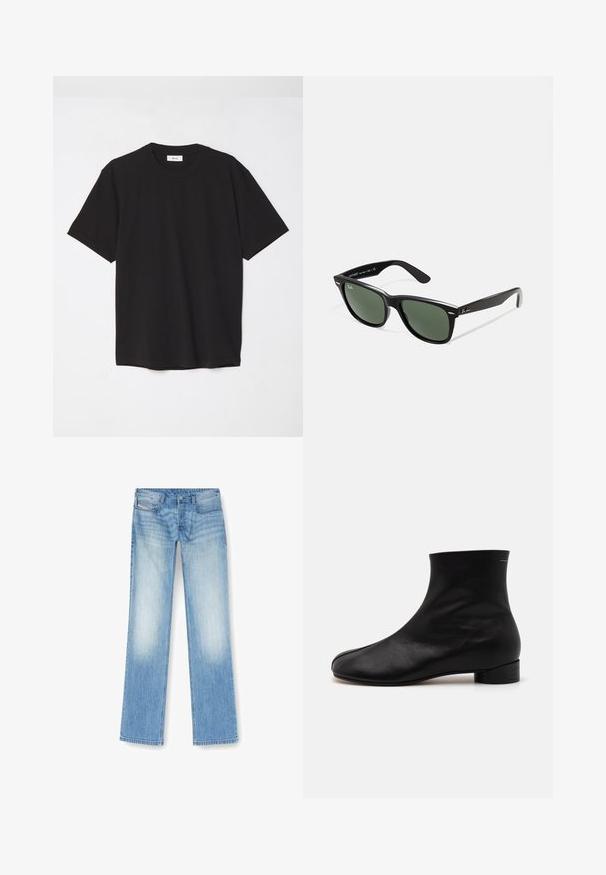 Fekete pamut póló kerek nyakkal, rövid ujjakkal és laza szabással. Egyszerű dizájn, sima textúra, látható minták vagy logók nélkül.; Világoskék egyenes szárú farmernadrág, elhasználódott kinézettel, ötpocketos kialakítással és a varrás mentén látható varrási részletekkel.; MM6 Maison Margiela BOOT - Klasszikus bokacsizmák - black; Fekete műanyag napszemüveg zöld lencsékkel, négyzet alakú kerettel, ezüst díszítéssel a keret felső részén, valamint texturált szárakkal. A márka neve a belső száron található.