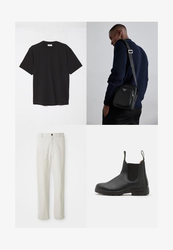 T-shirt de algodão preto com decote redondo, mangas curtas e um corte descontraído. Design simples, textura suave e sem padrões ou logótipos visíveis.; Calças beige de perna reta com passantes para cinto, botão frontal e fecho de zip, exibidas de forma plana sobre um fundo branco.; Bota Chelsea preta em couro com painéis laterais elásticos, tag de puxar, sola de borracha robusta e detalhes costurados. Textura suave em toda a peça.; Bolsa de ombro preta em couro com um compartimento com fecho, detalhe com o logótipo e uma alça ajustável com a marca. Usada sobre um suéter texturizado azul marinho.