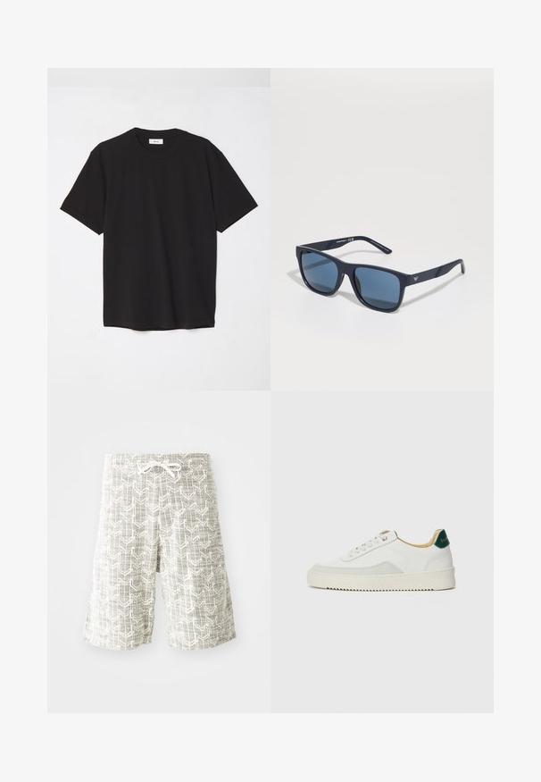Sort bomulds T-shirt med rund hals, korte ærmer og en afslappet pasform. Enkel design, glat tekstur og ingen synlige mønstre eller logoer.; Lettere shorts lavet af vævet stof, med et grå og hvidt geometrisk mønster, elastisk talje med snøre og løs pasform.; Hvide sneakers med ruskindsdetaljer, rund tå, flade snørebånd og en cremet gummisål. Har grøn branding på hælen.; Blå rektangulære solbriller med mørke linser, mat marineblå stel, logo-detalje på stængerne, lige arme og en solid, glat overflade.