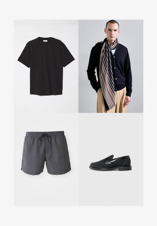 Melna kokvilnas T-krekls ar apaļu kakla izgriezumu, īsām piedurknēm un brīvu piegulšanu. Vienkāršs dizains, gluda tekstūra un bez redzamām rakstiem vai logotipiem.; Melnas peldbikses ar baltu apļveida rakstu, elastīgu jostasvietu ar aukliņu un brīvu piegriezumu komfortam.; Melnas austas slaidu kurpes ar gludu ādas akcentu augšpusē, apaļas formas purngalu un zemas profila gumijas zoli.; Melna kardigāna jaciņa ar pogu priekšpusi, kombinēta ar svītrainu šalli, kas izceļas ar spilgtām krāsām un rakstiem, neformāli uzvilkta virs gaišas krekla un bēšiem biksēm.