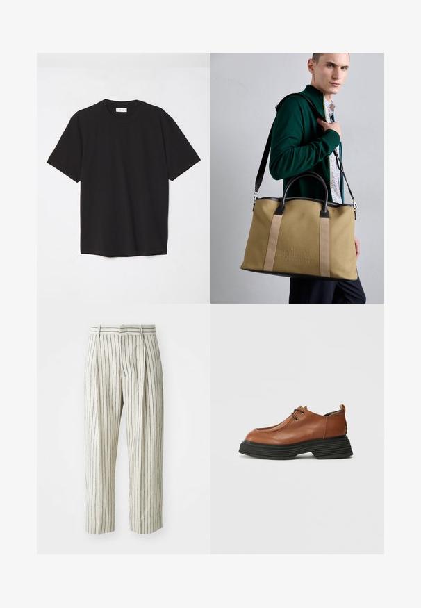 Mustat puuvillapaitat, joissa on pyöreä kaula-aukko, lyhyet hihat ja rento malli. Yksinkertainen muotoilu, sileä pinta ilman näkyviä kuvioita tai logoja.; Valkoiset raidalliset housut, jotka on valmistettu kevyestä kankaasta, rento istuvuus, laskokset ja vyötärönauha, jossa on vyölenkit. Pystysuorat laivastonsiniset raidat.; Ruskea nahkakenkä, jossa on pyöreä varvas, nauhakiinnitys ja paksu musta kerrospohja. Erityinen rakenteellinen muotoilu ja textuuri.; Kangasvetokassi vaaleassa väritössä, tummilla nahkaaksenteilla, kaksilla kahvoilla ja irrotettavalla olkahihnalla; kohopainettu logo etuosassa.