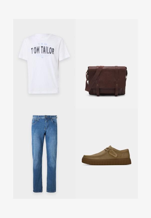 Balta medvilninė marškinė su apvaliu iškirpimu ir trumpomis rankovėmis. Ant jų yra mėlynai ir juodai spausdintas tekstas: „TOM TAILOR“, „HAVANOS GATVĖS“ ir skaičiai.; Tamsiai mėlyni džinsai su tiesiu kirpimu. Turėkite penkias kišenes, mygtuko uždarymą ir matomus siuvimo detales išilgai siūlių.; Šviesiai rudos zomšinės bateliai su apvaliu pirštu, siuvinėjimo detalėmis ir raguota ruda guma. Su šonine etikete su "Clarks" logotipu.; Rudas odinis paštininko krepšys su lygiu priekiniu dangčiu, dviem diržais, auksiniais detalėmis ir reguliuojamu peties diržu.