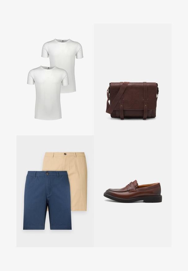 Tweepack van witte T-shirts met korte mouwen, ronde halslijnen en een gladde katoenen textuur. Eenvoudig ontwerp zonder zichtbare patronen.; Twee paren shorts: één marineblauw en één beige. Gemaakt van zachte stof, met knoopsluitingen en een rechte snit.; Bruine leren instappers met een ronde neus, decoratieve stiksels en een zwarte rubberen zool. Gladde textuur en minimale ontwerpelementen.; Bruine lederen schoudertas met een platte voorflap, twee banden, gouden hardware-accenten en een verstelbare schouderband.