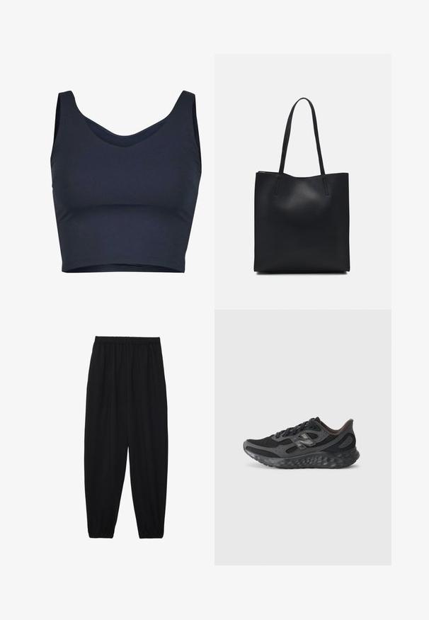 Jūras spēku krāsas cropped tops, kas izgatavots no elastīga materiāla. Tam ir apaļa kakla izgriezums un platai plecu siksnītes ar gludu, piegulošu struktūru.; Melnas, vieglas bikses ar elastīgu jostu un savilktiem potītiem. Audums ir gluds un to raksturo brīva, sašaurināta forma.; Melnas sporta kurpes ar acu un sintētisko augšdaļu, noapaļota purngalu, mīkstināts soles un šņorēšanas sistēma. Izceļas ar teksturētu virsmu.; Melnas ādas somiņa ar gludu tekstūru, taisnstūra formu un divām garām rokturiem. Nav redzamu aparatūras vai rotājumu.