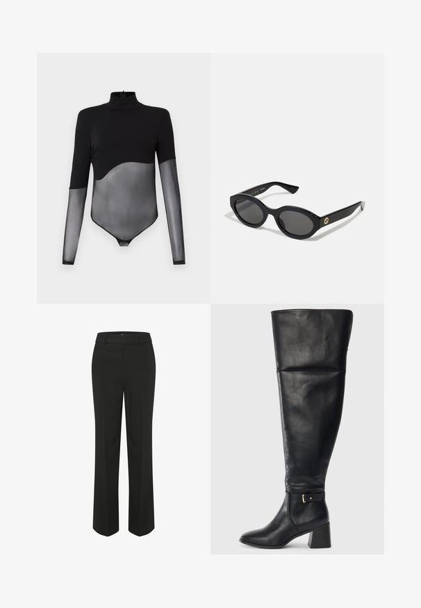 Schwarzer Bodysuit mit hohem Kragen. Besteht aus einem festen Oberteil und langen Ärmeln aus durchsichtiger Netzware, betont durch ein geschwungenes Design an der Taille.; Schwarze, weit geschnittene Hosen mit einer glatten Textur. Sie besitzen einen figurbetonten Bund und klare, maßgeschneiderte Linien für ein minimalistisches Design.; Schwarzer knöchelhoher Lederstiefel mit Blockabsatz und dekorativem Riemen mit goldener Schnalle oberhalb des Knöchels, Seitenansicht auf weißem Hintergrund.; Schwarze ovale Sonnenbrille mit dunklen Gläsern und glänzendem Kunststoffrahmen. Mit goldenem Logo am Bügel, das ein elegantes und modernes Design bietet.; Rote Leder-Schultertasche mit goldenen Nieten, vorderer Reißverschlusstasche, verstellbarem Tragegurt und angehängtem passenden Münzbeutel und Kartenhalter.; Goldene Halskette mit einem Blattdesign und strukturierten Details. Dieses Stück hat einen Kettenverschluss und weist eine natürliche, fließende Form auf.