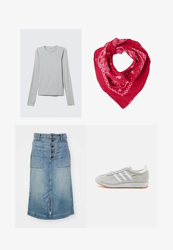 Világosszürke, hosszú ujjú póló, puha anyagból készült. Kerek nyakkivágás és egyenes alsó rész, a hosszú ujjak finoman ívelt mandzsettával zárulnak.; Világoskék farmer ceruzaszoknya elöl hasítékkal, öt gombbal és két elülső zsebbel. Magas derekú, varrás részletezéssel.; Világosszürke sportcipő velúr és hálós anyagból, három fehér csíkkal, kerek orral és gumi talppal. Arany logó dísz a fűzők közelében.; Piros bandana sál, pamutzsábol készült, fehér paisley és pöttyös mintákkal, háromszög alakú, az alsó sarkában címkével.