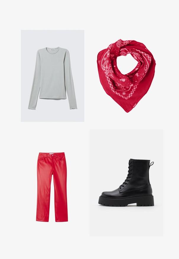 Šviesiai pilkas ilgos rankovės marškinėlis, pagamintas iš minkštos medžiagos. Apvalus iškirpimas ir tiesi apačia su subtiliais, išlenktais rankogaliais.; Raudoni dirbtinės odos kelnių su elegantišku dizainu, tiesios kojos, penkios kišenės ir glotnus, blizgus paviršius.; Juodos odinės aulinukės su apvalia nosimi, raišteliais priekyje ir storesniu guminio pado apačioje su tekstūruotu raštu. Priekyje yra kilputė.; Raudona medvilnės skara, dekoruota baltais paisley ir taškų raštais, trikampio formos su etikete apatiniame kampe.