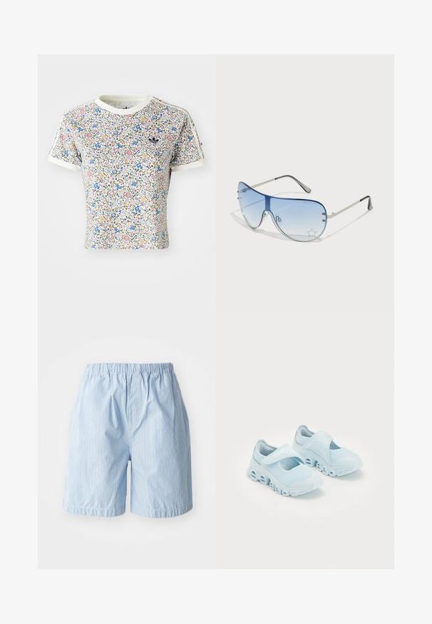 Short-sleeve t-shirt made of cotton with a floral pattern in red, blue, and yellow on a white background; ribbed neckline and hem accents.; Light blue shorts made of fabric with vertical pinstripes. Elastic waistband and cuffed hems, showcasing a simple, relaxed style.; Light blue sneakers with mesh fabric, prominent cut-outs in the sole, and a Velcro strap across the top for secure fit.; Aviator sunglasses featuring a gradient blue lens, silver metal frame, and decorative star accents on the lens. Smooth and sleek design.
