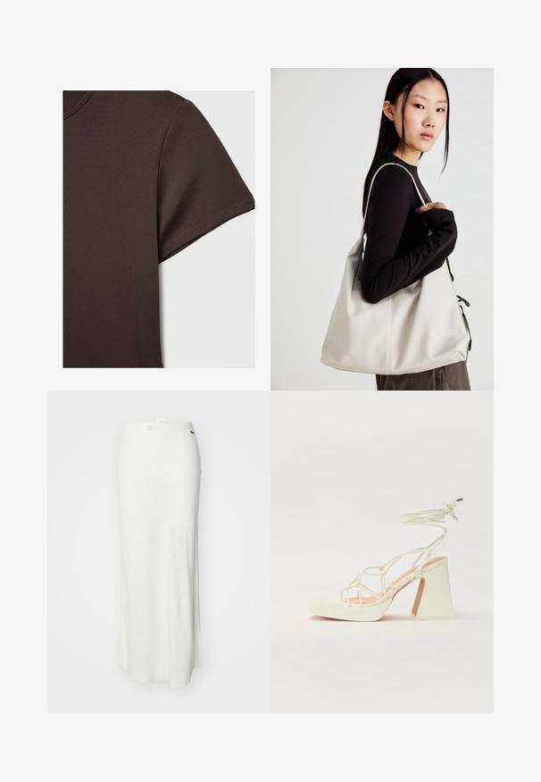 Tmavě hnědé tričko s krátkým rukávem vyrobené z hladkého, pružného materiálu, se klasickým kulatým výstřihem a čistými švy.; Bílá maxi sukně vyrobená z lehkého materiálu s hladkou texturou, s elastickým páskem na stažení pomocí šňůrky pro nastavení.; Bílé sandály na vysokém podpatku s robustním podpatkem, s designem s pásky a zavazováním kolem kotníku. Hladký povrch s platformou vpředu pro zvýšení výšky.; Beige kabelka vyrobená z měkkého materiálu, s volným designem, prošívanými detaily a dvěma ramenními popruhy. Vhodná pro každodenní použití.