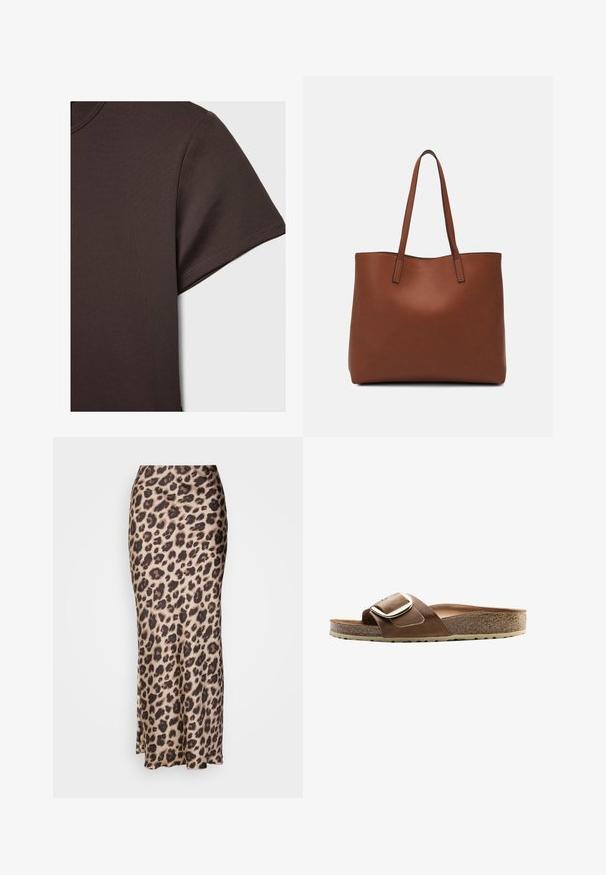T-paita tummanruskeana lyhythihaisena, valmistettu sileästä ja joustavasta materiaalista, jossa on klassinen pyöreä kaula-aukko ja siistit ompeluyksityiskohdat.; Midi-hame in leopardikuosismooth satin-kankaasta. Hameesssa on tiukka siluetti, jossa on pieni halkio helmaassa liikkumista varten. Neutraali beige ja ruskea.; Ruskea nahkainen liukusandaali leveällä hihnalla, metalliset solkiyksityiskohdat ja muotoiltu korkkipohja teksturoidulla kumipohjalla.; Ruskea nahkainen olkalaukku, jossa on sileä pinta, avoin yläosa ja kaksi olkahihnaa. Omaavat vain minimaalisen ompelun eikä näkyvää metalliosaa.