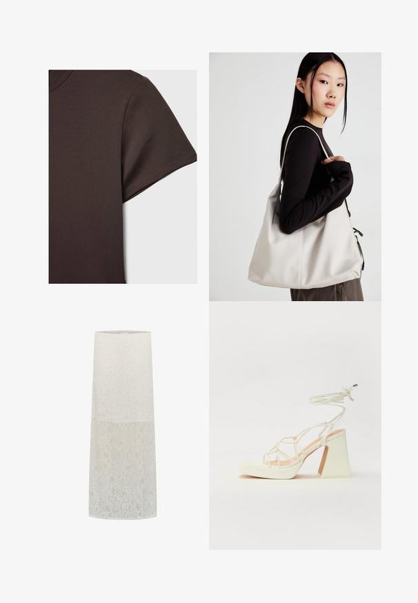 Dunkelbraunes Kurzarm-T-Shirt aus glattem, dehnbarem Material, mit klassischem Rundhalsausschnitt und sauberen Nähdetails.; Lampenschirm aus Spitze in Weiß, zylindrische Form mit Blumenmuster, transparenter Textur und glattem oberen Rand. Unterstützt Standard-Lampenfassung.; Weiße High-Heel-Sandale mit einem klobigen Absatz, die über ein Riemchendesign und ein Knöchelband verfügt. Glatte Textur mit einer Plattform vorne für zusätzliche Höhe.; Beige Handtasche aus weichem Material, mit einem lässigen Design, gesteppten Details und zwei Schulterriemen. Geeignet für den täglichen Gebrauch.