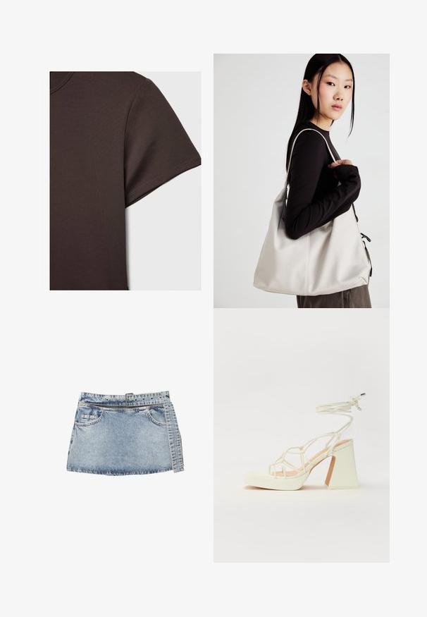 Tmavo hnedé tričko s krátkym rukávom vyrobené z hladkého, elastického materiálu, s klasickým okrúhlym výstrihom a čistými detailmi šitia.; Modrá denimová mini sukňa s priliehajúcim pásom, pútkami na opasok a prednými vreckami. Obsahuje surový lem a vyblednutú textúru so šitými akcentmi.; Biele sandále na vysokom opätku s hrubým podpätkom, s pruhovaným dizajnom a viazaním na členku. Hladký povrch s platformou vpredu pre zvýšenú výšku.; Béžová kabelka vyrobená z mäkkého materiálu, s uvoľneným dizajnom, prišitými detailmi a dvoma popruhmi na nosenie na pleciach. Vhodná na každodenné nosenie.