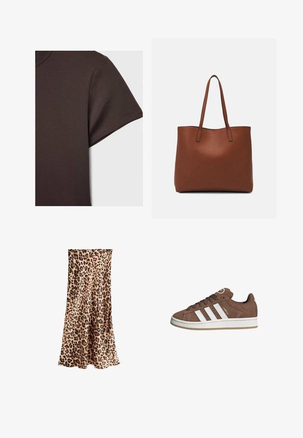 T-shirt corto marrone scuro realizzato in materiale liscio ed elastico, con colletto rotondo classico e dettagli di cucitura puliti.; Next PETITE FIT - Gonna lunga - leopard; Sneakers in suede marrone con strisce in pelle bianca, suola in gomma, punta rotonda e lacci. Presentano un logo sulla linguetta e dettagli perforati.; Borsa tote in pelle marrone con texture liscia, design con apertura superiore e due spallacci. Presenta cuciture minime e nessun hardware visibile.