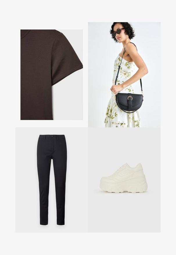 T-shirt corto marrone scuro realizzato in materiale liscio ed elastico, con colletto rotondo classico e dettagli di cucitura puliti.; Pantaloni neri in tessuto liscio, con vita standard, tasche frontali e gambe affusolate. Nessun motivo o dettaglio visibile.; Sneakers bianchi con piattaforma, caratterizzati da una parte superiore simile alla pelle liscia, forma arrotondata, collo imbottito e suola in gomma testurizzata con scanalature ben definite.; Borsa a tracolla nera in pelle con una forma curva, manico rimovibile e accessori dorati. La borsa presenta una patta con un dettaglio a fibbia.