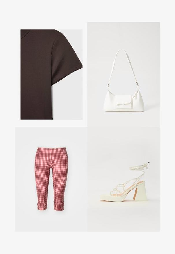 Tamno smeđa kratkotrajna majica s kratkim rukavima napravljena od glatkog, rastezljivog materijala, s klasičnim okruglim izrezom i čistim detaljima šivanja.; Jaded London BEACH CAPRI TROUSERS - Tajice-hlače - red gingham; Bijela sandala na visokoj potpetici s debelim petom, s remenom i vezanjem oko gležnja. Glatka tekstura s platformom sprijeda za dodatnu visinu.; Bijela sintetička torbica s trokutastim oblikom, ravnim prednjim poklopcem i detaljem u obliku mašne, podesivom remenom, glatkom teksturom i minimalističkim dizajnom.