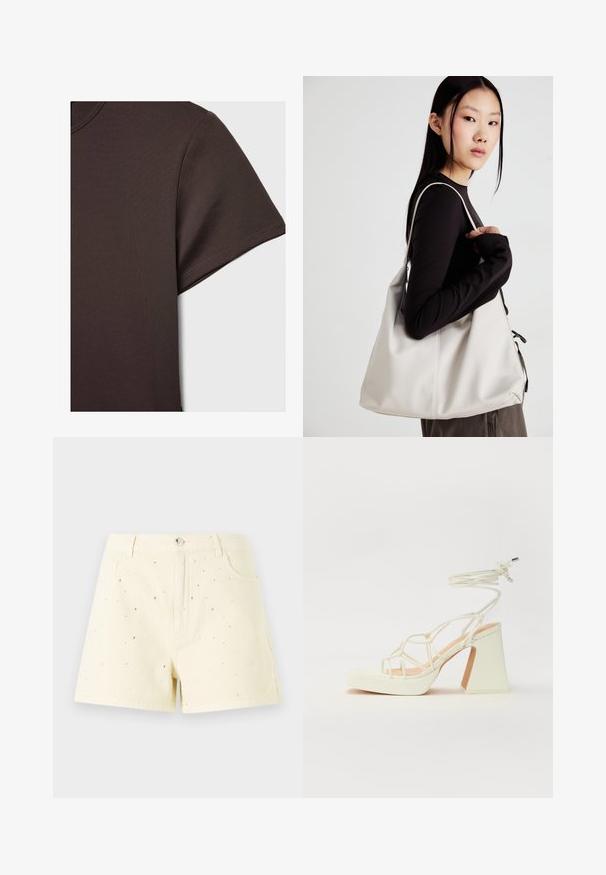 Temno rjava majica s kratkimi rokavi, izdelana iz gladkega, raztegljivega materiala, z osnovnim krojem vratu in čistimi šivi.; Rumene kavbojke s visokim pasom in sproščenim krojem, okrašene z majhnimi srebrnimi žebljički, ki so raztreseni po sprednjem delu.; Bela sandala na visokih petah s debelim petam, ki ima obliko trakcev in vezanje okoli gležnja. Gladka tekstura z platformo spredaj za dodatno višino.; Bežna torbica iz mehkega materiala, z ohlapno zasnovo, šivi in dvema naramnicama. Primerna za vsakodnevno uporabo.