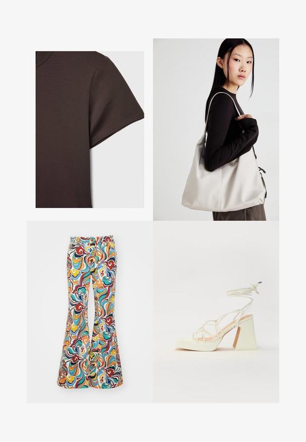 Dunkelbraunes Kurzarm-T-Shirt aus glattem, dehnbarem Material, mit klassischem Rundhalsausschnitt und sauberen Nähdetails.; Ausgestellt geschnittene Hose aus Stoff mit einem bunten gewundenen Muster in Rot-, Blau-, Orange- und Gelbtönen, mit einem knopfgeknöpften Bund.; Weiße High-Heel-Sandale mit einem klobigen Absatz, die über ein Riemchendesign und ein Knöchelband verfügt. Glatte Textur mit einer Plattform vorne für zusätzliche Höhe.; Beige Handtasche aus weichem Material, mit einem lässigen Design, gesteppten Details und zwei Schulterriemen. Geeignet für den täglichen Gebrauch.