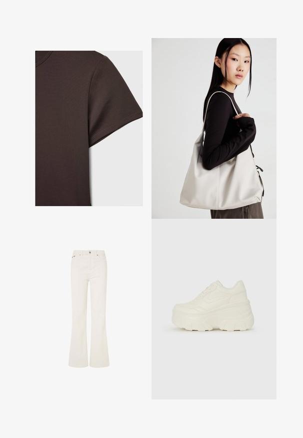 Tmavě hnědé tričko s krátkým rukávem vyrobené z hladkého, pružného materiálu, se klasickým kulatým výstřihem a čistými švy.; Bílé rozšířené džíny vyrobené z bavlněné směsi. Mají pět kapes, přední knoflíkové zapínání a viditelné švy podél švů.; Bílé platformové tenisky s hladkým svrškem podobným kůži, zaobleným tvarem, polstrovaným límcem a texturovanou gumovou podrážkou s vyznačenými vzory.; Beige kabelka vyrobená z měkkého materiálu, s volným designem, prošívanými detaily a dvěma ramenními popruhy. Vhodná pro každodenní použití.